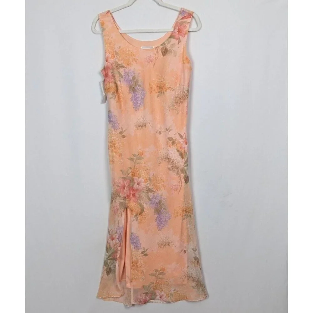NEW Karin Stevens 10 Vintage Y2K Midi Dress Cottage Floral Sleeveless Front Slit